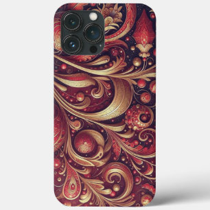 Modern elegant red golden ornamental florals iPhone 13 pro max case