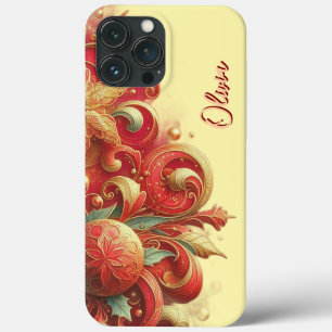 Modern elegant red golden ornamental florals iPhone 13 pro max case