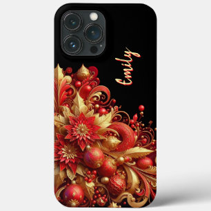 Modern elegant red golden ornamental florals iPhone 13 pro max case