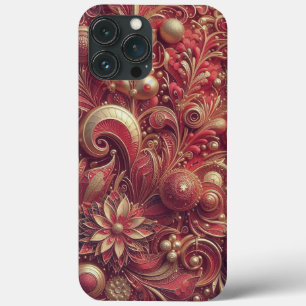 Modern elegant red golden ornamental florals iPhone 13 pro max case