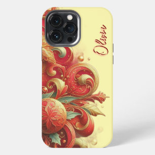 Modern elegant red golden ornamental florals iPhone 13 pro max case