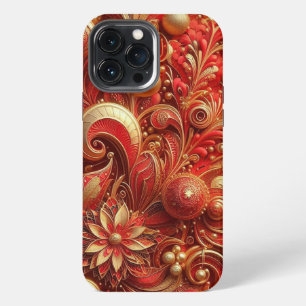 Modern elegant red golden ornamental florals iPhone 13 pro max case