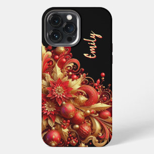 Modern elegant red golden ornamental florals iPhone 13 pro max case
