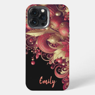 Modern elegant red golden ornamental florals iPhone 13 pro max case