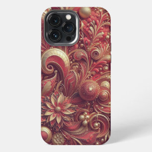Modern elegant red golden ornamental florals iPhone 13 pro max case
