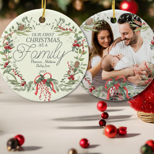 Modern Elegant Red Green Christmas Floral Wreath  Ceramic Ornament