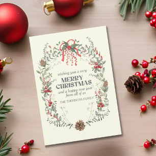 Modern Elegant Red Green Christmas Floral Wreath Holiday Card