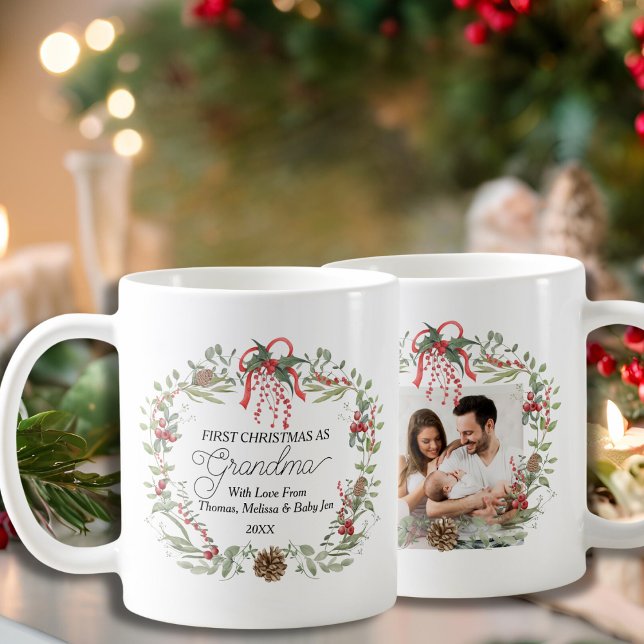 Modern Elegant Red Green Floral First Christmas  Coffee Mug (Creator Uploaded)
