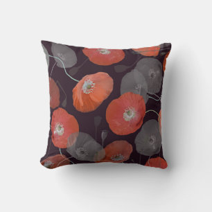 Modern Elegant Red Grey Poppy Flowers Cushion