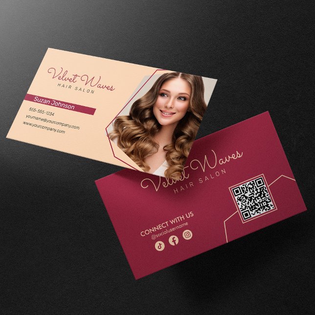 Modern Elegant Red Hair Stylist Makeup QR Code Business Card (Creator Uploaded)