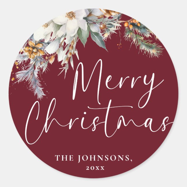 Modern Elegant Red Merry Christmas Botanical Classic Round Sticker (Front)