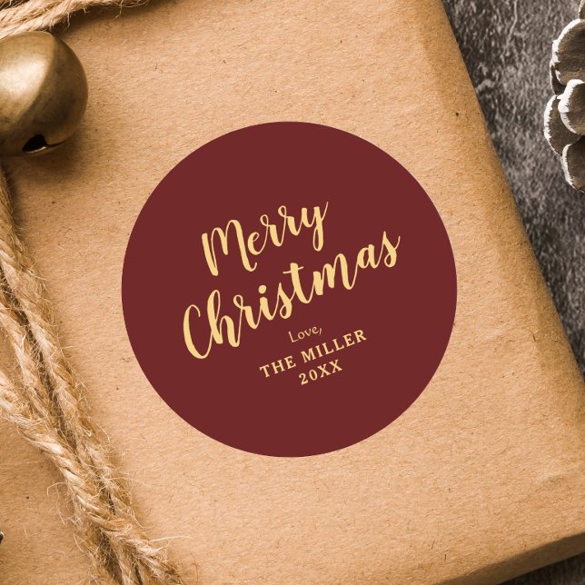 Modern Elegant Red Merry Christmas Family  Classic Round Sticker (Creator Uploaded)