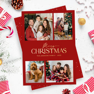 Modern Elegant Red Merry Christmas Family Photo  Foil Holiday Card