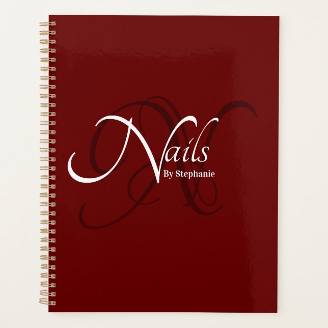 Modern Elegant Red Monogram Typography Nail Artist Planner (Front)