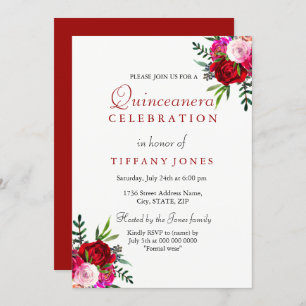 Modern Elegant Red Rose Quinceanera Invitation