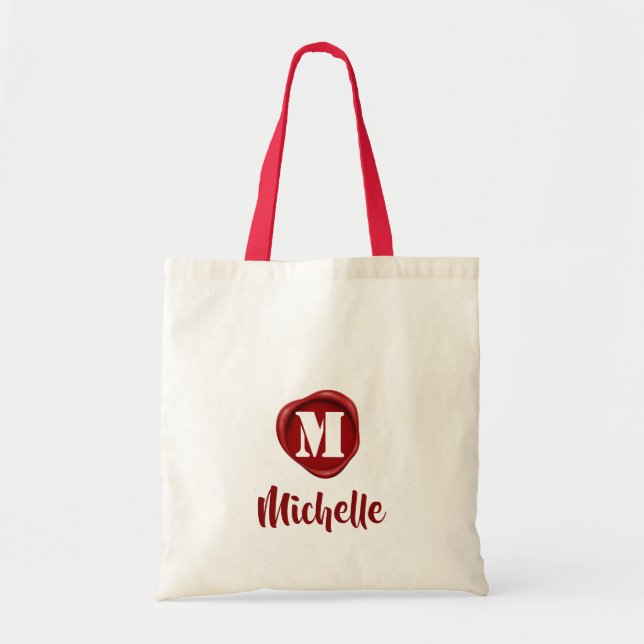 Modern Elegant Red Wax Seal Monogram Name Script Tote Bag (Front)