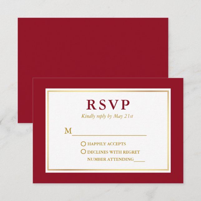 Modern Elegant Red White Gold RSVP Card (Front/Back)