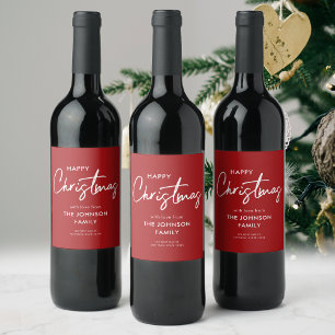 Modern Elegant Red White Happy Christmas Family Wine Label