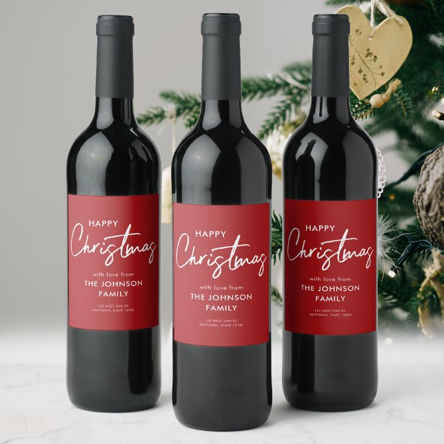 Modern Elegant Red White Happy Christmas Family Wine Label (Creator Uploaded)