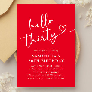 Modern Elegant Red White Hello 30th Birthday Party Invitation