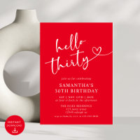 Modern Elegant Red White Hello 30th Birthday Party