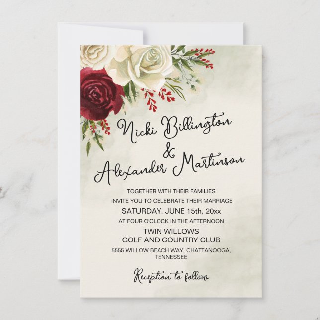 Modern Elegant Red White Roses Wedding Invitation (Front)