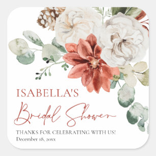 Modern Elegant Red Winter Christmas Bridal Shower Square Sticker