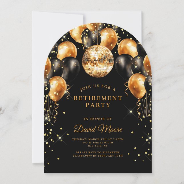 Modern Elegant Retirement Party Black Gold Glitter Invitation (Front)