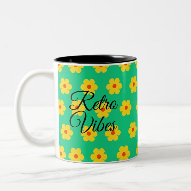 modern elegant retro floral monogram yellow green  Two-Tone coffee mug (Left)