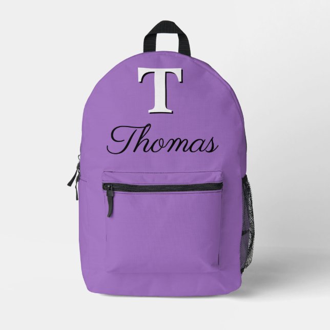 Modern Elegant Rich Lavender Monogram Printed Backpack (Front)