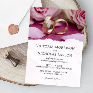Modern Elegant Rings with Roses Purple Wedding Invitation