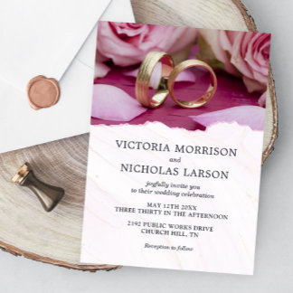 Modern Elegant Rings with Roses Purple Wedding Invitation