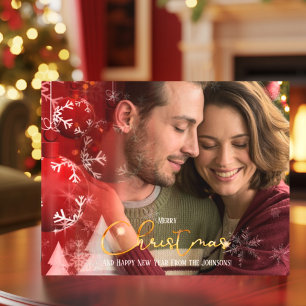 Modern Elegant Romantic Couple Red Gold Christmas Holiday Card