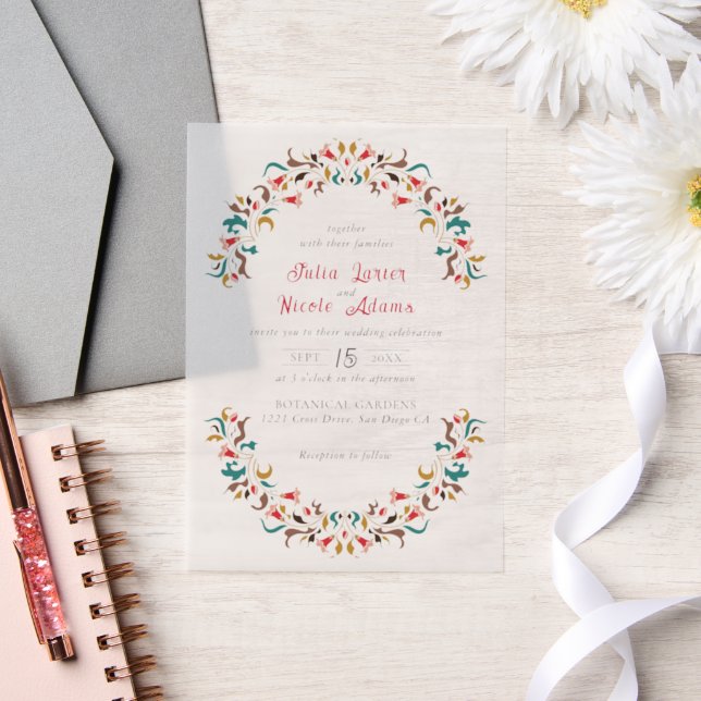 Modern Elegant Romantic Floral Wreath Wedding Vellum Invitations (Wedding)