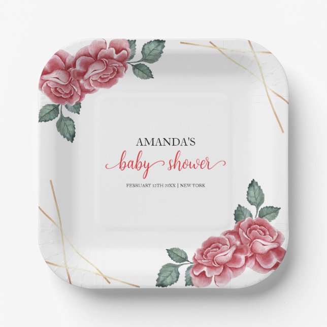 Modern Elegant Rose Floral Sweetheart Baby Shower  Paper Plate (Front)