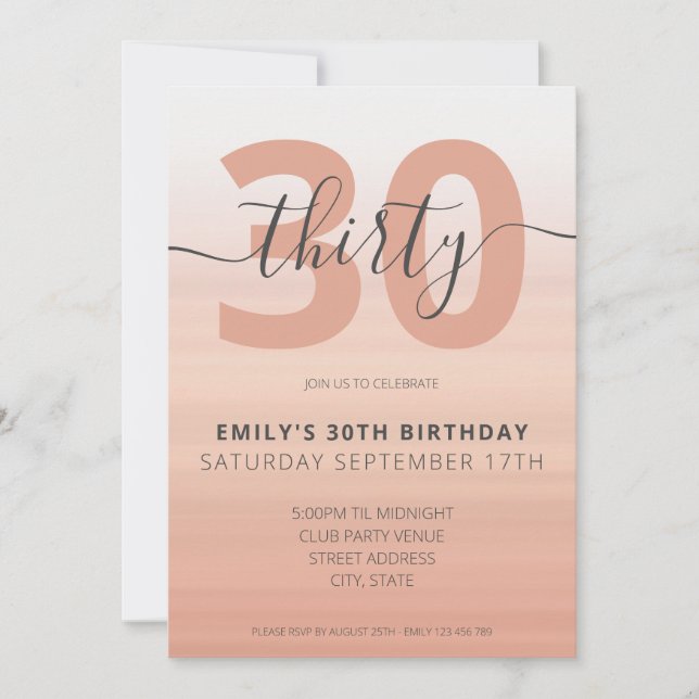 Modern Elegant Rose Gold 30th Birthday Invitation (Front)