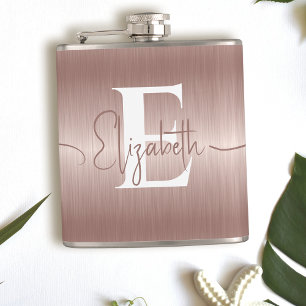 Modern Elegant Rose Gold Brushed Metal Monogrammed Hip Flask