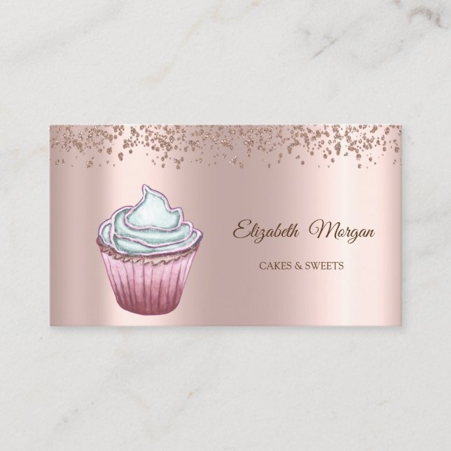 Modern Elegant Rose Gold Diamonds Cupcake Business Card (Front)