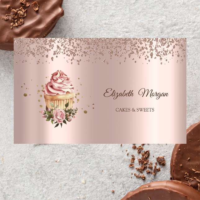 Modern Elegant Rose Gold Diamonds Floral Cupcake Business Card (Creator Uploaded)