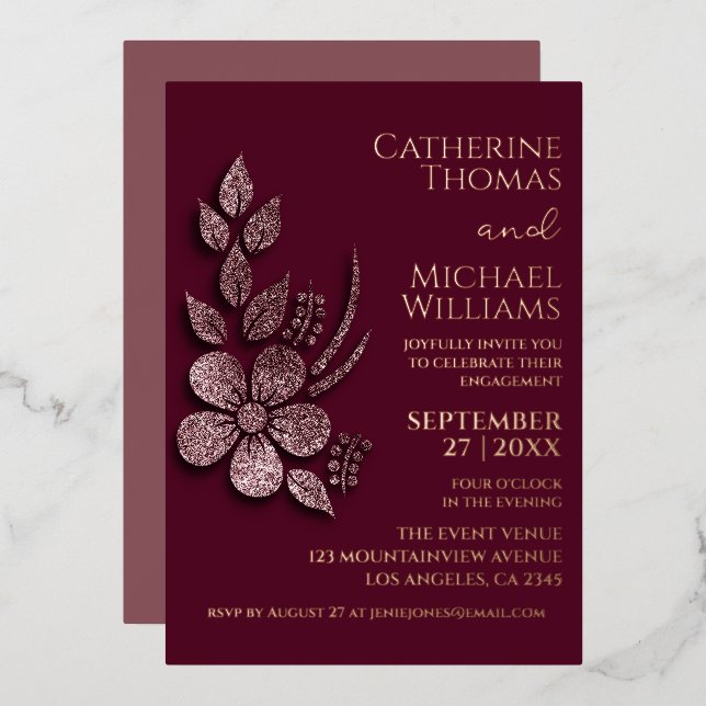 Modern Elegant Rose Gold Glitter Floral & Burgundy (Front/Back)