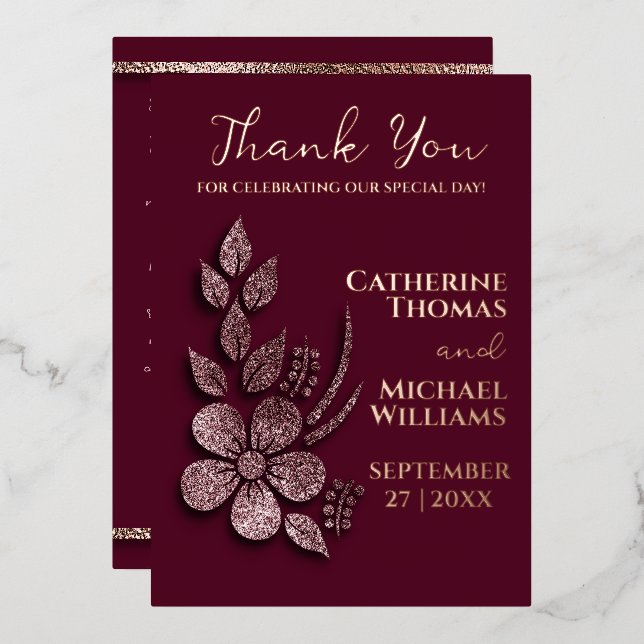 Modern Elegant Rose Gold Glitter Floral & Burgundy (Front/Back)