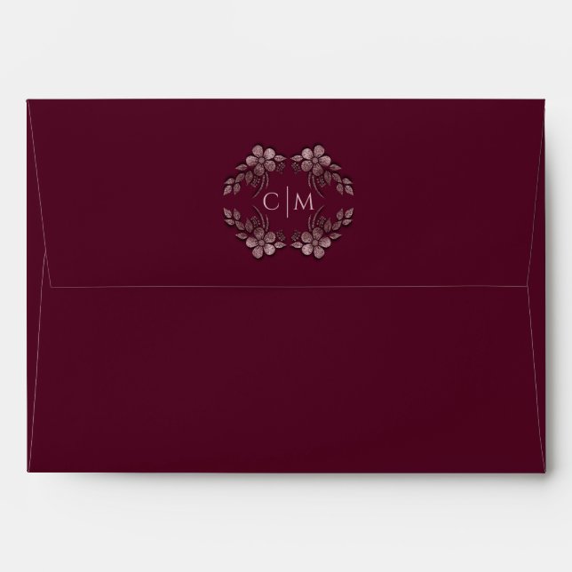 Modern Elegant Rose Gold Glitter Floral & Burgundy Envelope (Back (Top Flap))