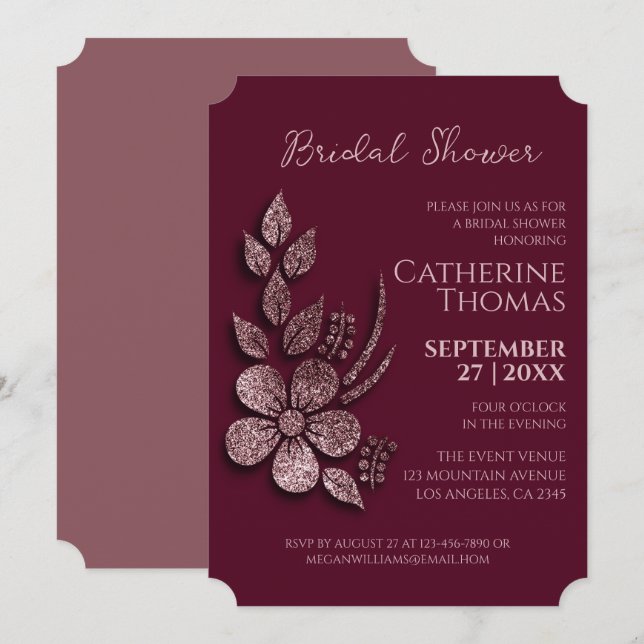 Modern Elegant Rose Gold Glitter Floral & Burgundy Invitation (Front/Back)