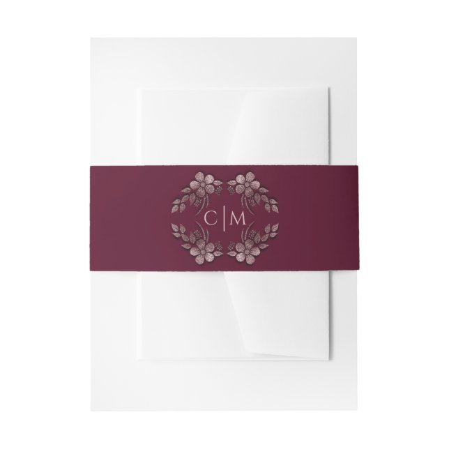 Modern Elegant Rose Gold Glitter Floral & Burgundy Invitation Belly Band (Front Example)