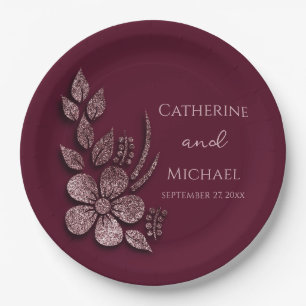 Modern Elegant Rose Gold Glitter Floral & Burgundy Paper Plate