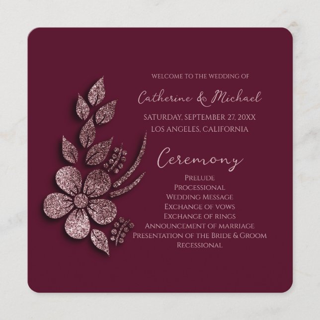 Modern Elegant Rose Gold Glitter Floral & Burgundy Program (Front)