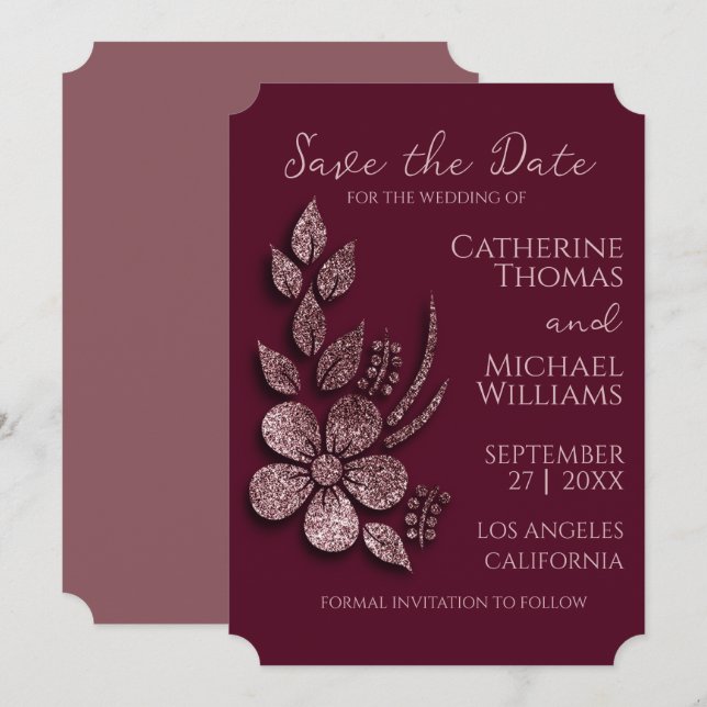 Modern Elegant Rose Gold Glitter Floral & Burgundy Save The Date (Front/Back)