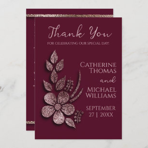Modern Elegant Rose Gold Glitter Floral & Burgundy Thank You Card
