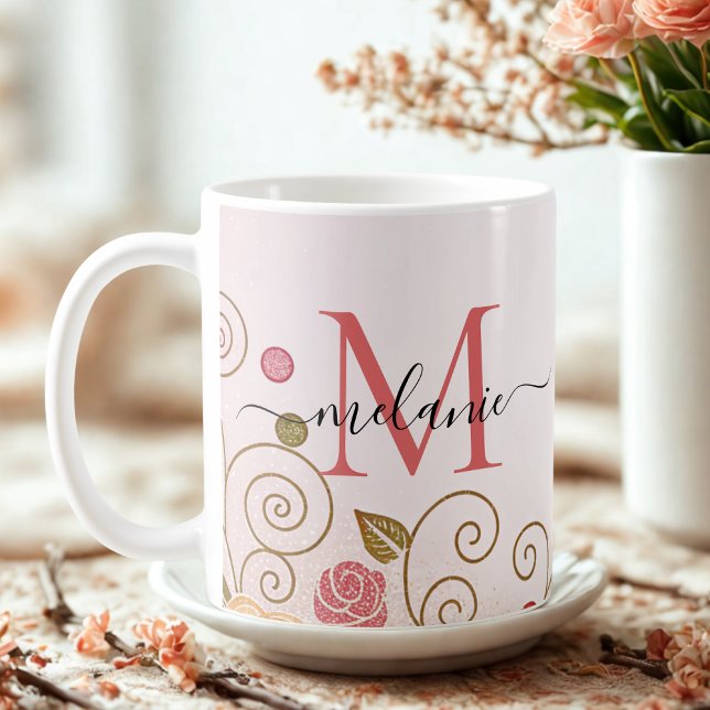 Modern Elegant Rose Gold Glitter Monogram Script  Coffee Mug (Creator Uploaded)