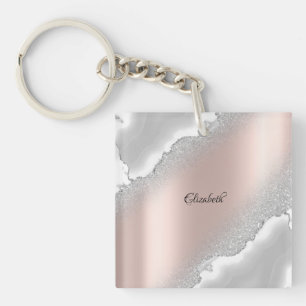 Modern Elegant Rose Gold Glitter Silver Marble    Key Ring